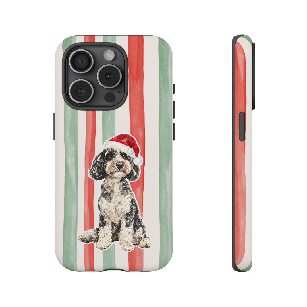 Doodle Christmas Tough iPhone Case, Red Sage Stripes, Santa Dog Phone Cover