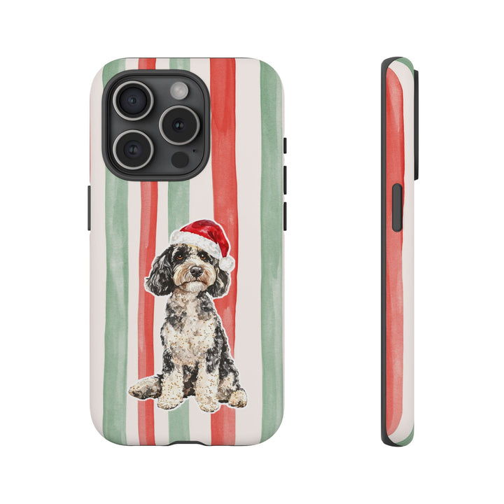 Doodle Christmas Tough iPhone Case, Red Sage Stripes, Santa Dog Phone Cover