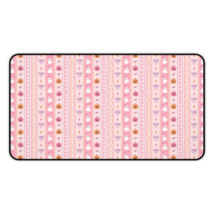 Pastel Halloween Stripe Desk Mat, Pink Ghost Pumpkin Candy and Bow Desk Pad, Cute Spooky Large Mouse Pad