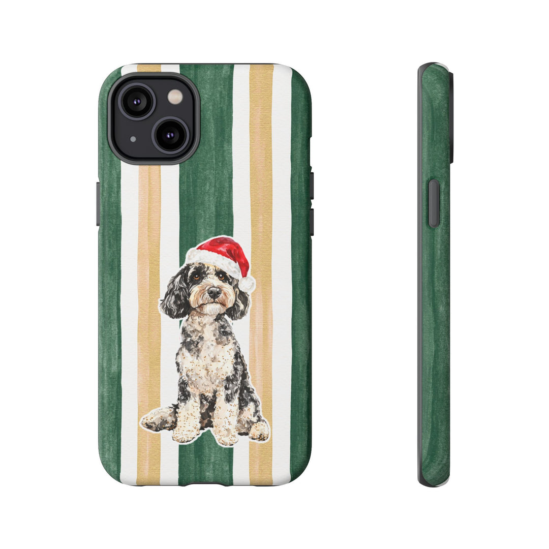 Doodle Christmas Tough iPhone Case, Green Gold Stripes, Santa Dog Phone Cover
