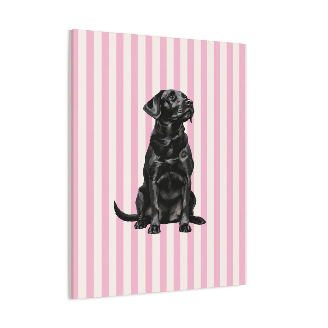Black Lab Canvas Wall Art, Pink Stripe Labrador Stretched Canvas, Lab Mom Gift