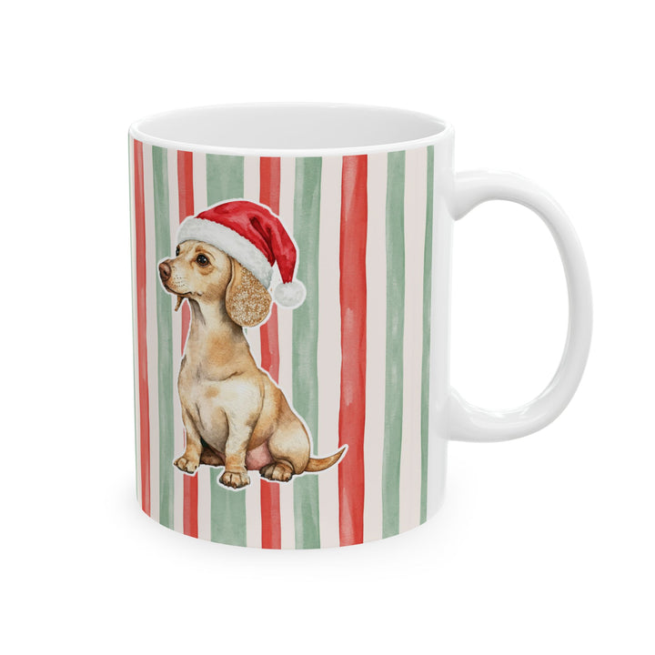 Dachshund Christmas Mug, Red Sage Stripes, 11oz White Ceramic