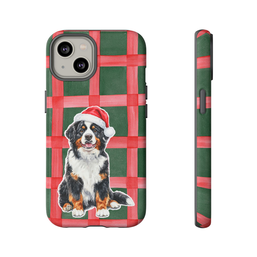 Bernese Mountain Dog Christmas Tough iPhone Case, Red Green Plaid, Santa Dog Phone Cover