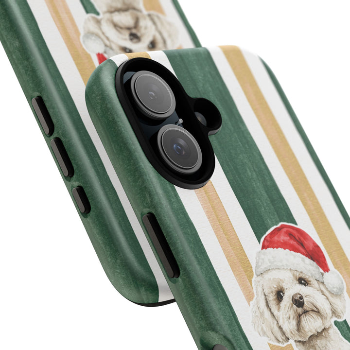 Maltese Christmas Tough iPhone Case, Green Gold Stripes, Santa Dog Phone Cover