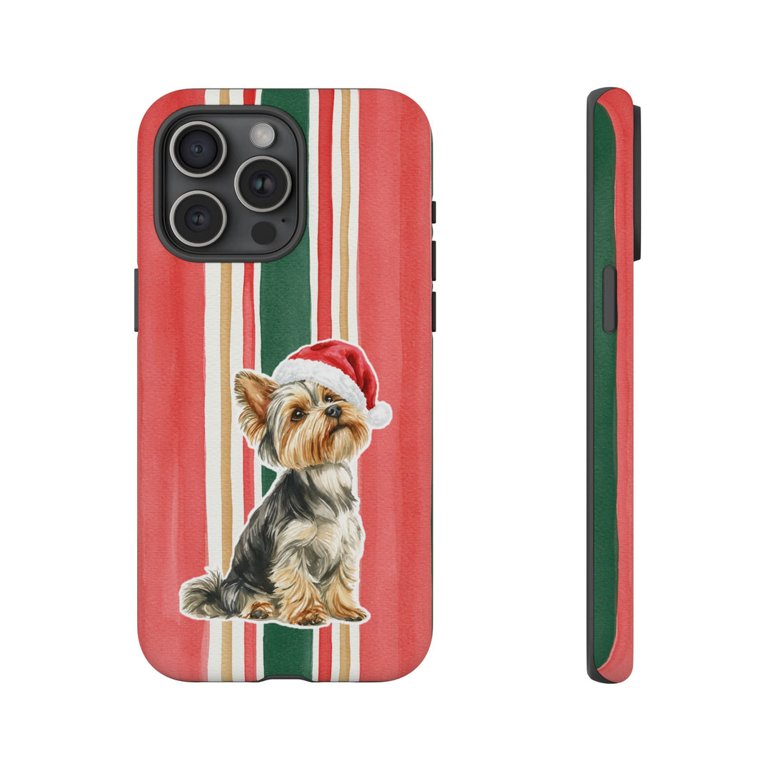 Yorkshire Terrier Christmas Tough iPhone Case, Classic Red Green Stripes, Santa Dog Phone Cover