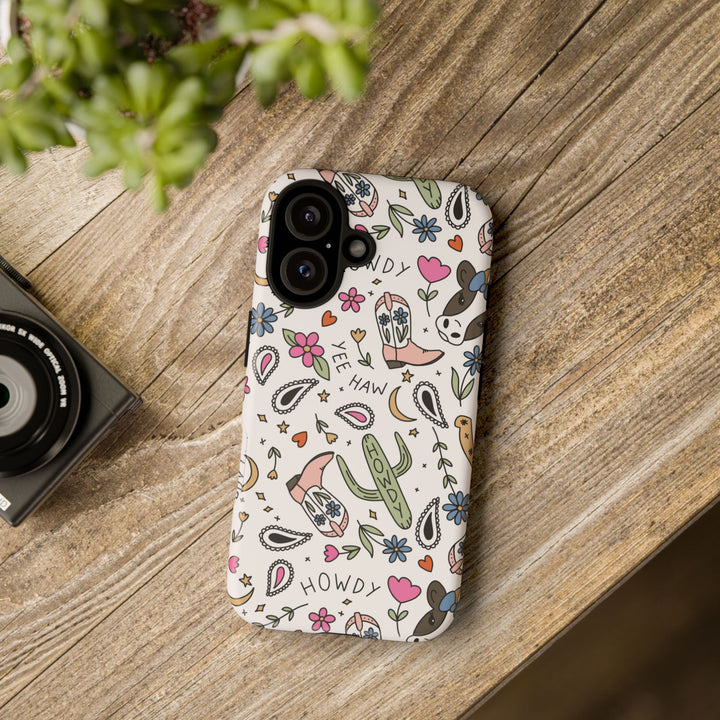 Western Cowgirl Tough iPhone Case, Pink Cowboy Boots and Howdy Phone Cover, Matte or Glossy