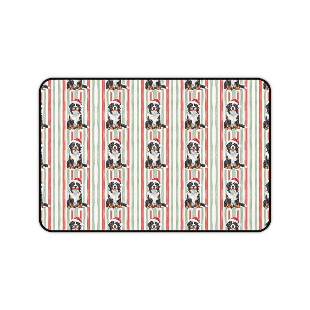 Bernese Mountain Dog Christmas Desk Mat, Red Sage Stripes, Santa Dog Desk Pad