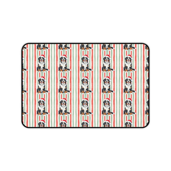 Bernese Mountain Dog Christmas Desk Mat, Red Sage Stripes, Santa Dog Desk Pad