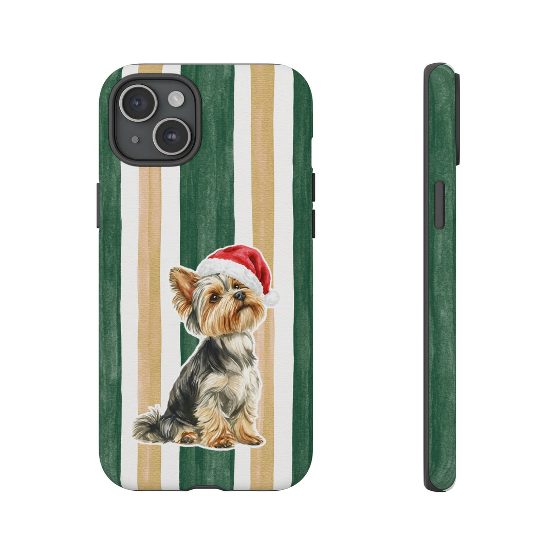 Yorkshire Terrier Christmas Tough iPhone Case, Green Gold Stripes, Santa Dog Phone Cover