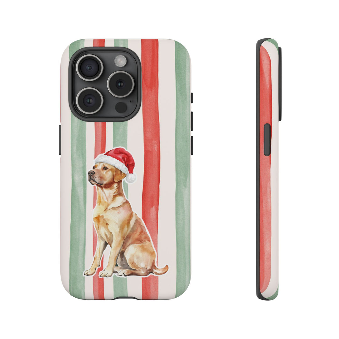 Yellow Labrador Christmas Tough iPhone Case, Red Sage Stripes, Santa Dog Phone Cover