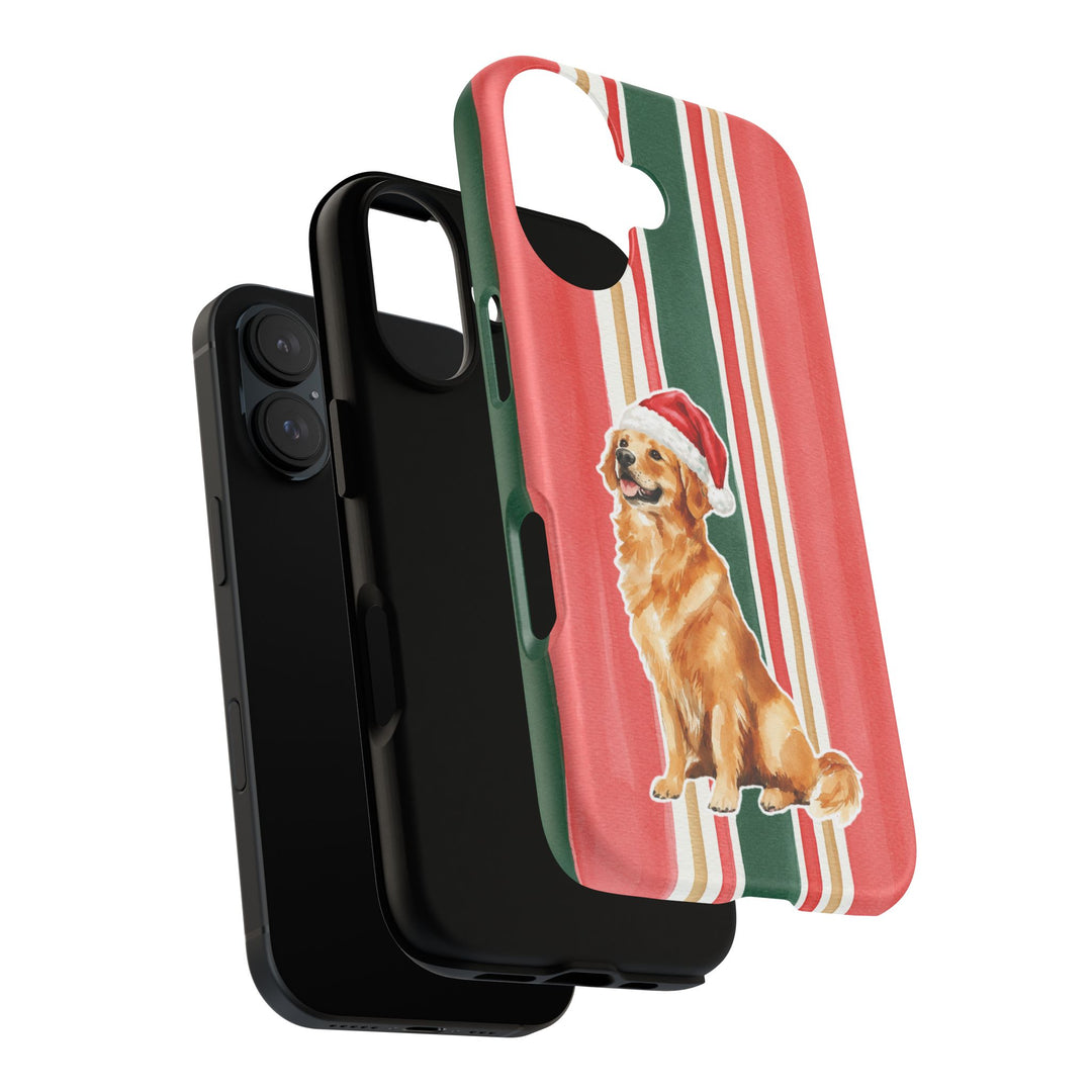Golden Retriever Christmas Tough iPhone Case, Classic Red Green Stripes, Santa Dog Phone Cover