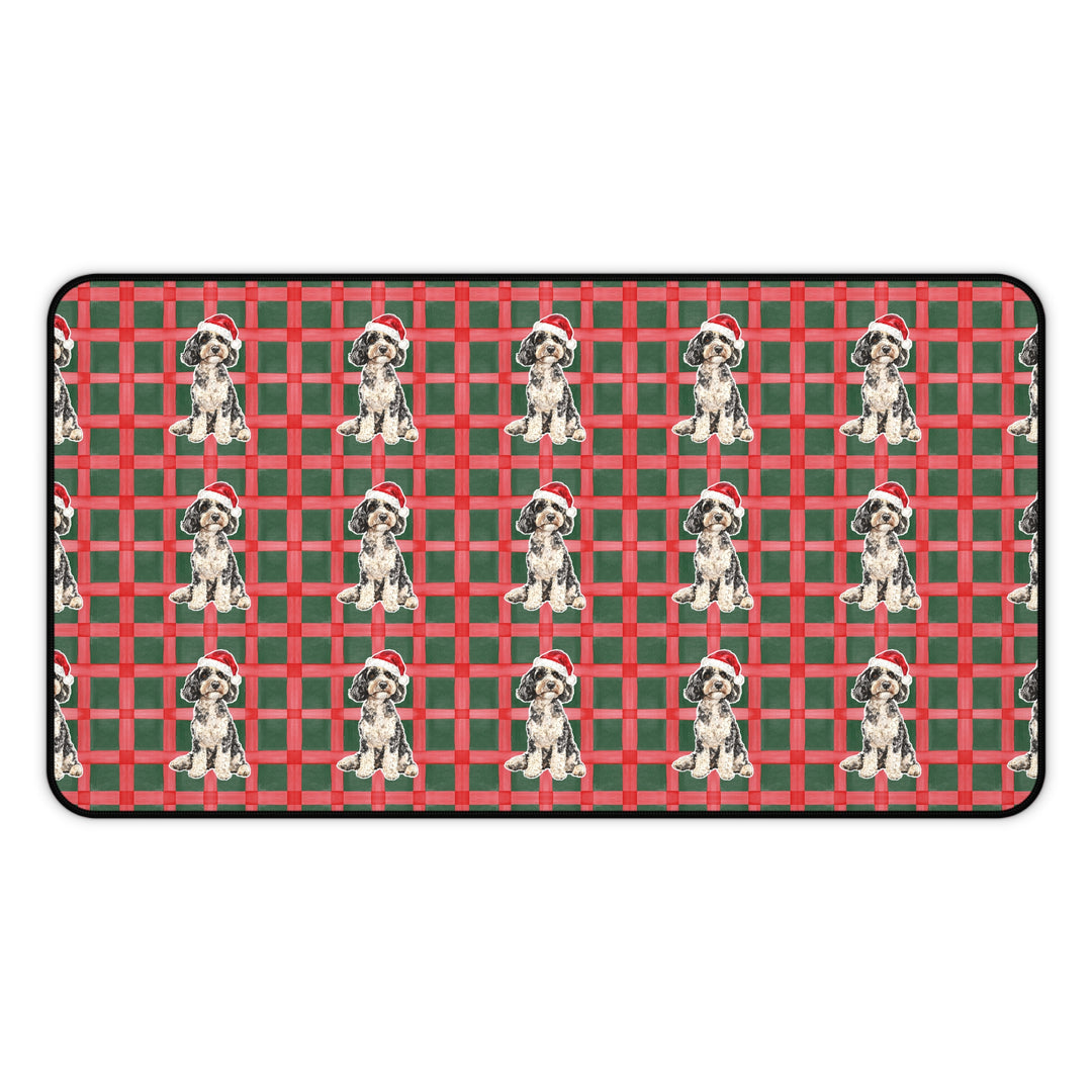 Doodle Christmas Desk Mat, Red Green Plaid, Santa Dog Desk Pad