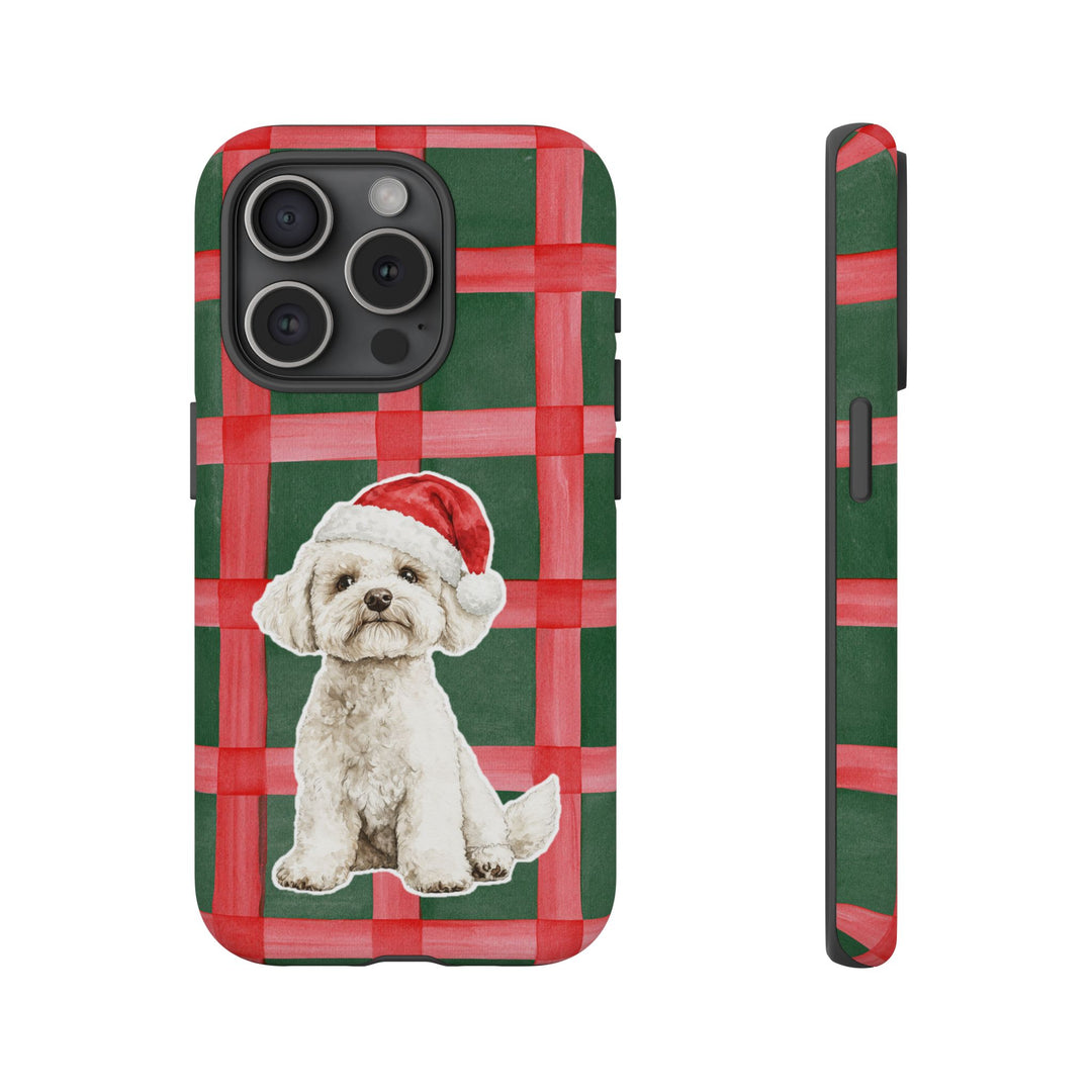 Maltese Christmas Tough iPhone Case, Red Green Plaid, Santa Dog Phone Cover