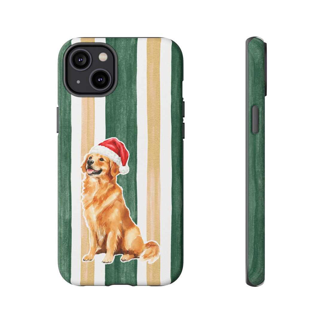 Golden Retriever Christmas Tough iPhone Case, Green Gold Stripes, Santa Dog Phone Cover
