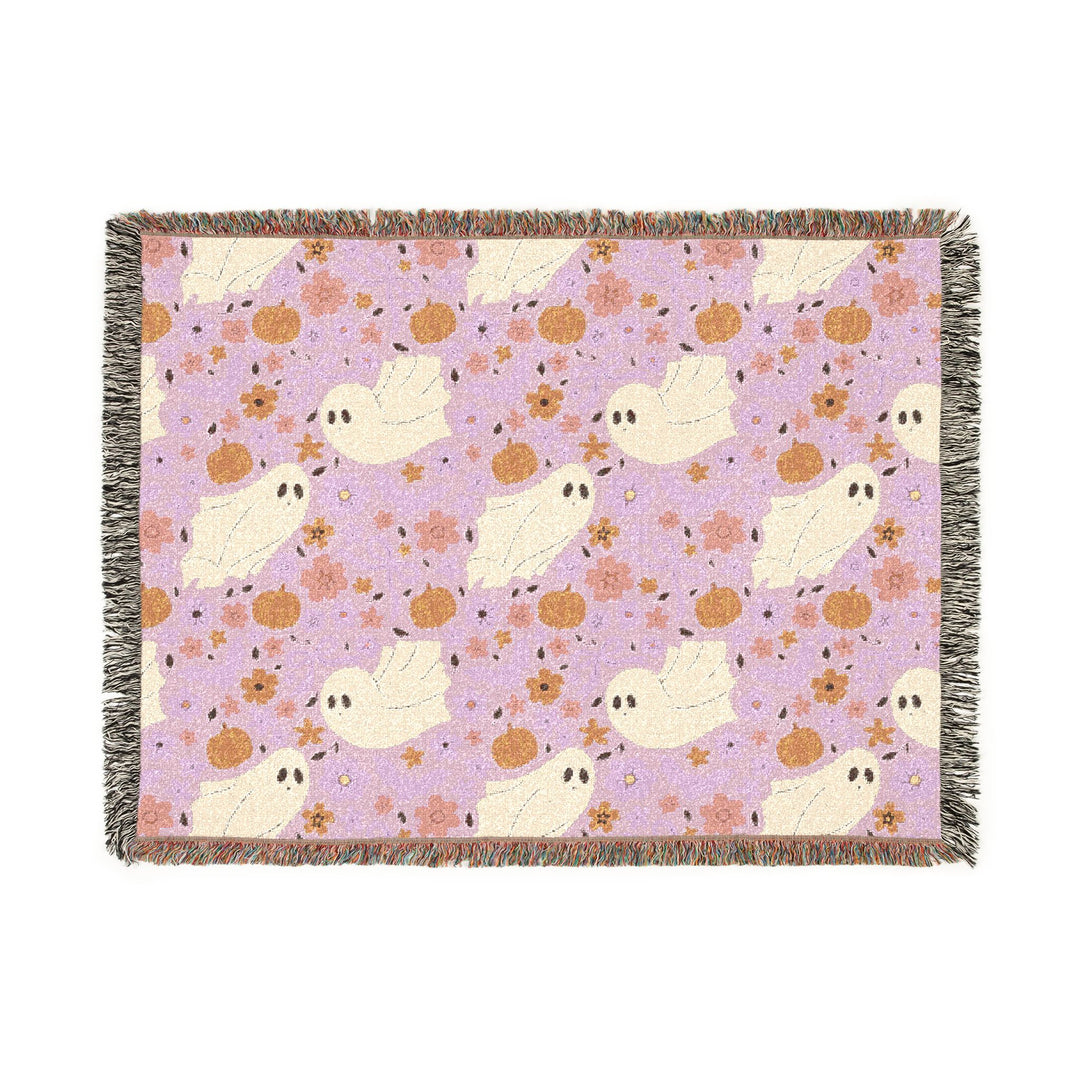 Pink Floral Ghost Woven Blanket, Cute Halloween Pumpkin Cotton Throw, Pastel Spooky Sofa Decor