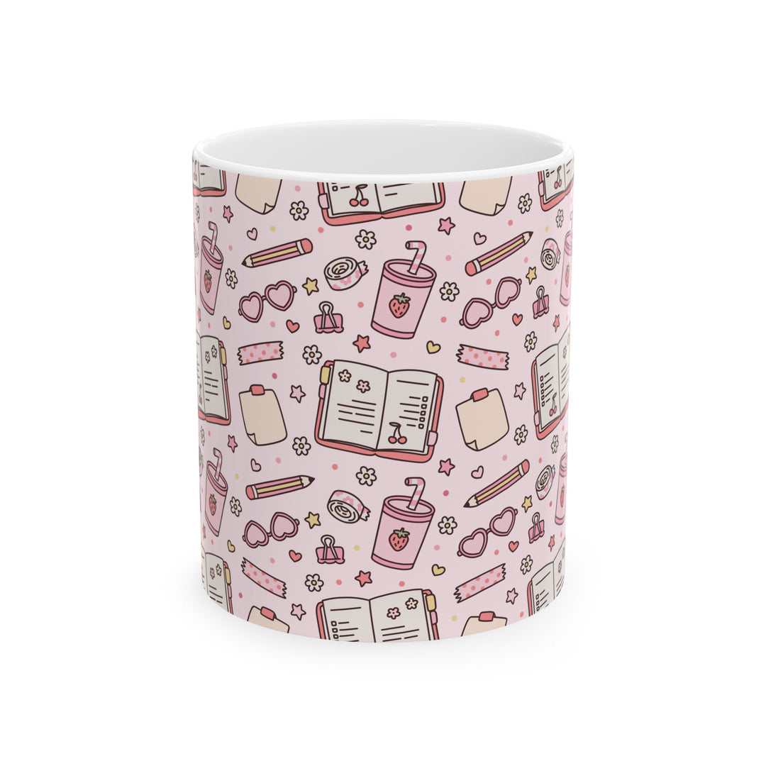 Pink Stationery Ceramic Mug, Planner and Pencil Coffee Cup, Back to School Teacher Gift, 11oz and 15oz