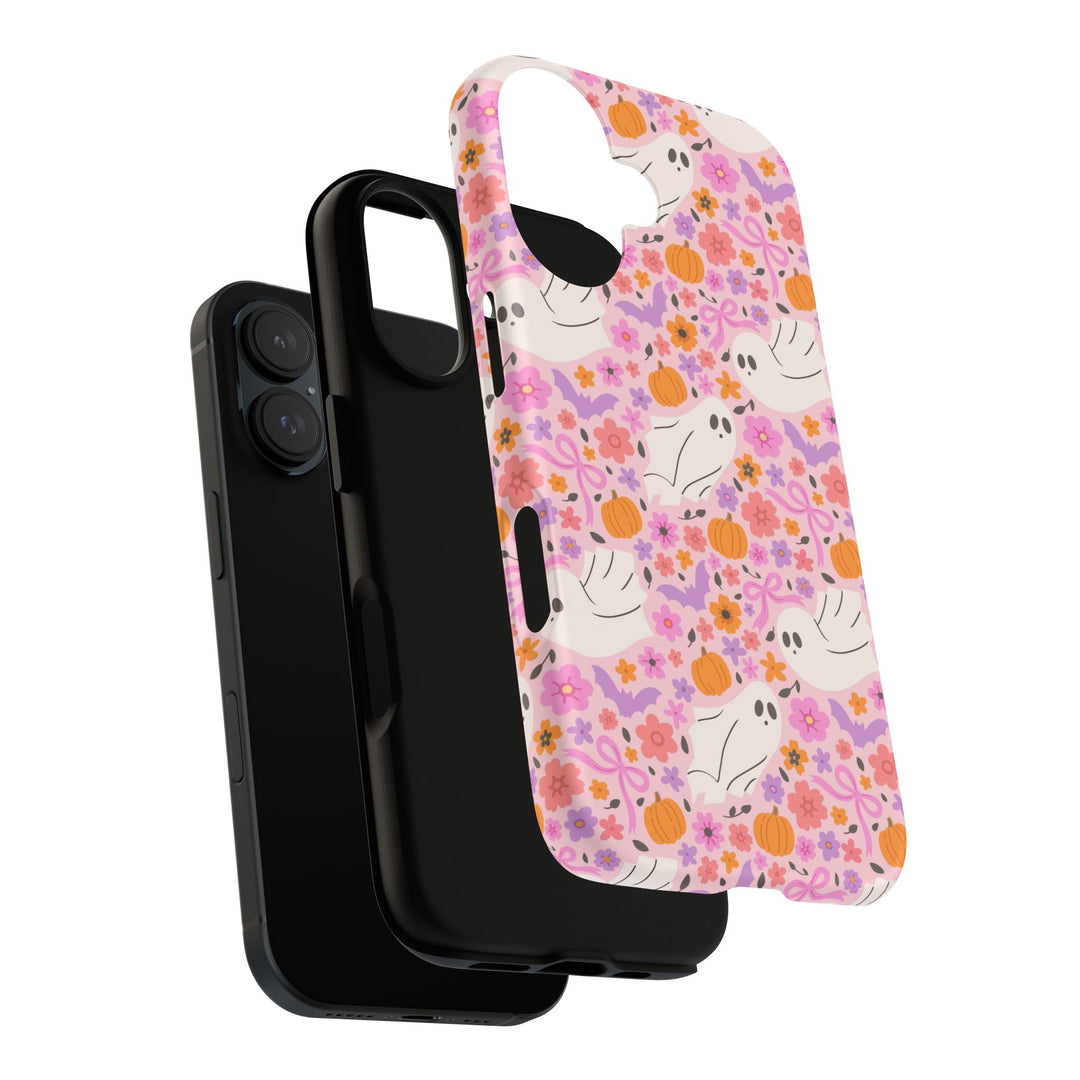 Pink Floral Ghost Tough iPhone Case, Cute Halloween Pumpkin Bat Phone Cover, Matte or Glossy