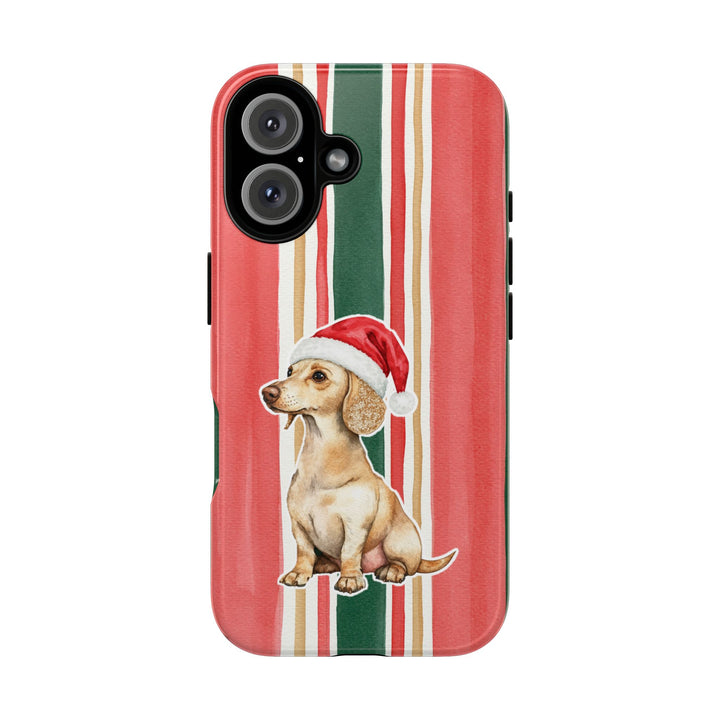 Dachshund Christmas Tough iPhone Case, Classic Red Green Stripes, Santa Dog Phone Cover