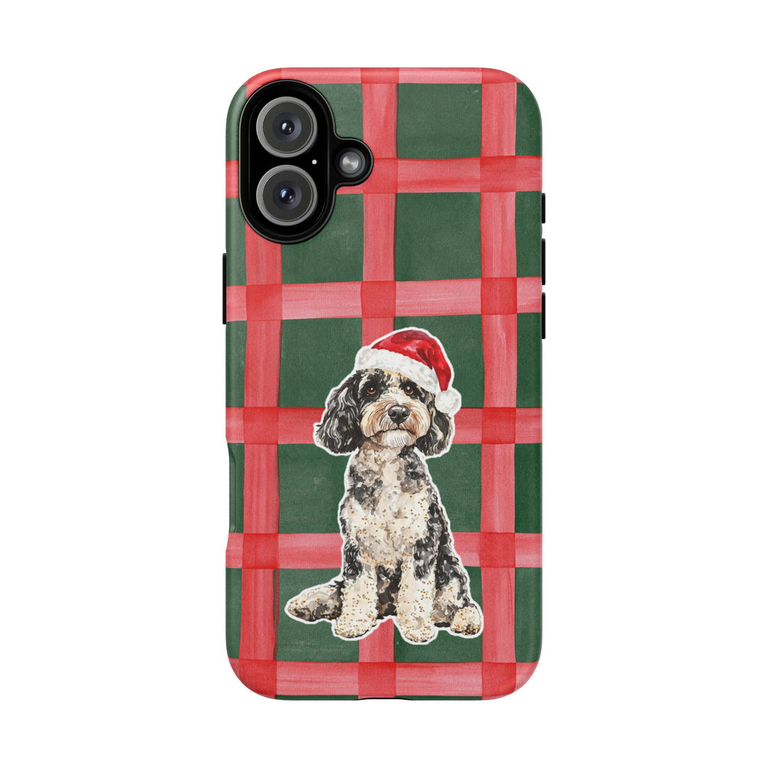Doodle Christmas Tough iPhone Case, Red Green Plaid, Santa Dog Phone Cover