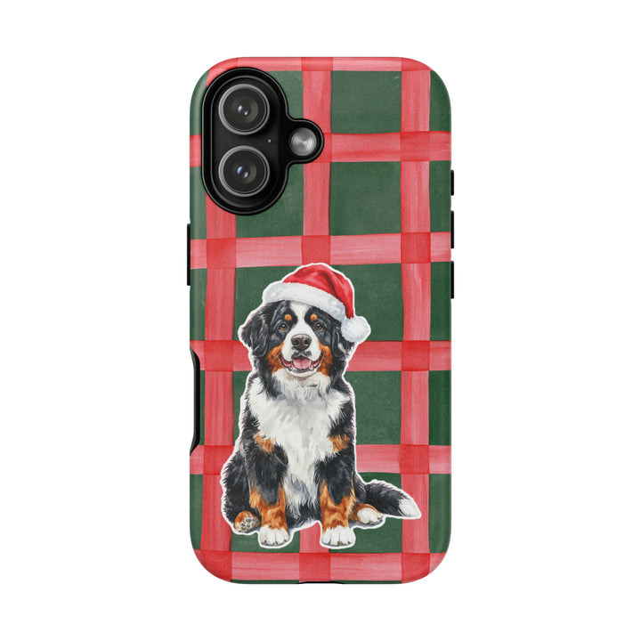 Bernese Mountain Dog Christmas Tough iPhone Case, Red Green Plaid, Santa Dog Phone Cover