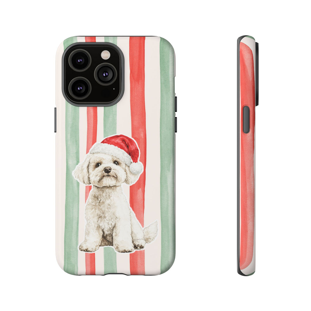 Maltese Christmas Tough iPhone Case, Red Sage Stripes, Santa Dog Phone Cover