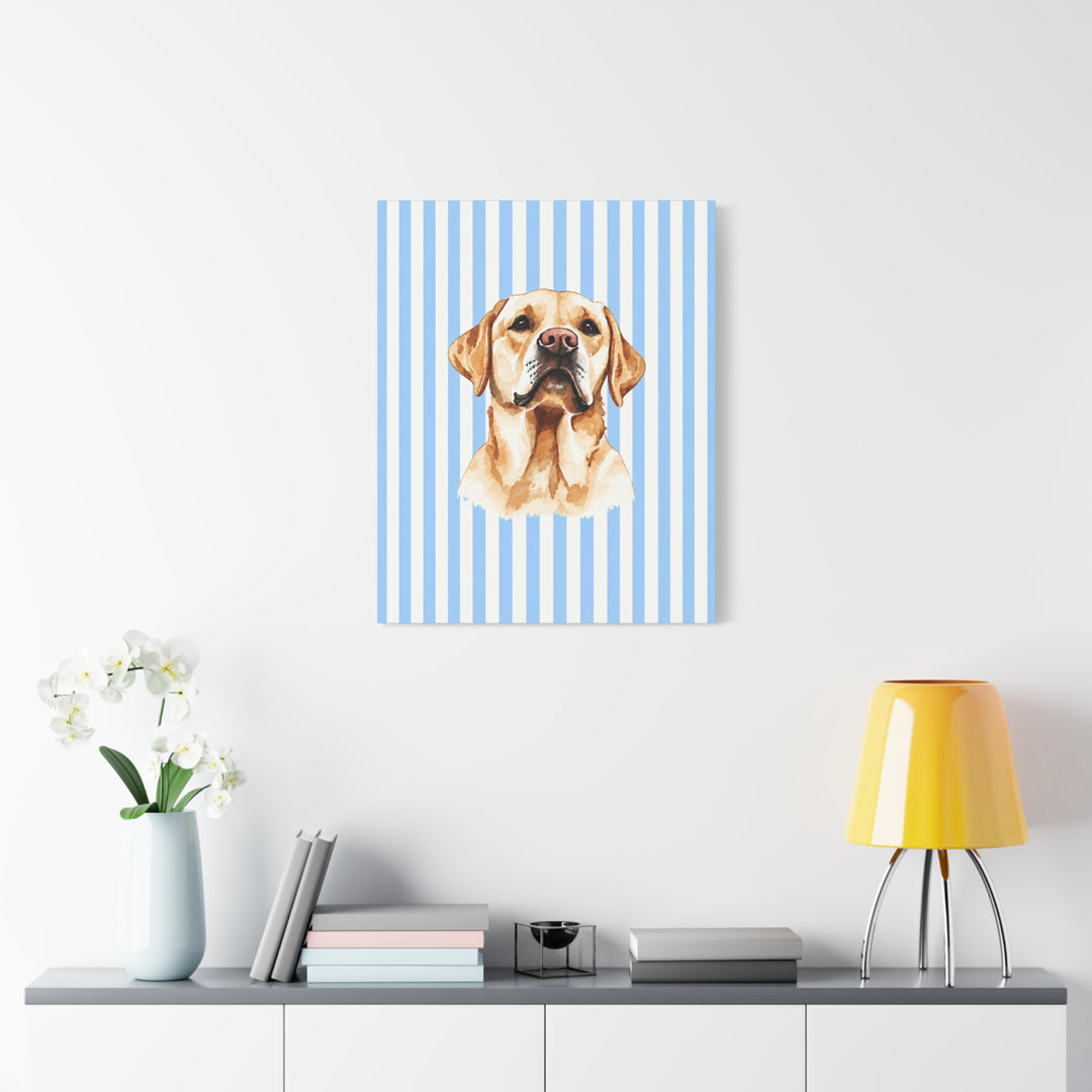 Yellow Lab Canvas Wall Art, Blue Stripe Labrador Stretched Canvas, Lab Mom Gift