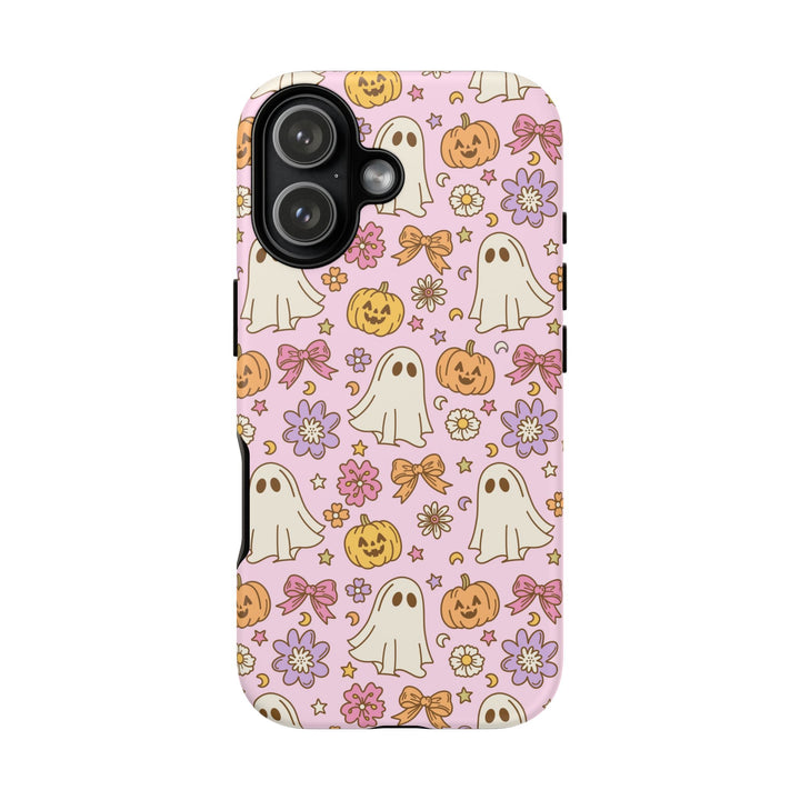 Vintage Ghost Floral Tough iPhone Case, Pink Halloween Pumpkin Bow Phone Cover, Matte or Glossy