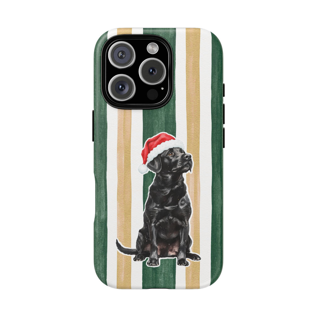 Black Labrador Christmas Tough iPhone Case, Green Gold Stripes, Santa Dog Phone Cover