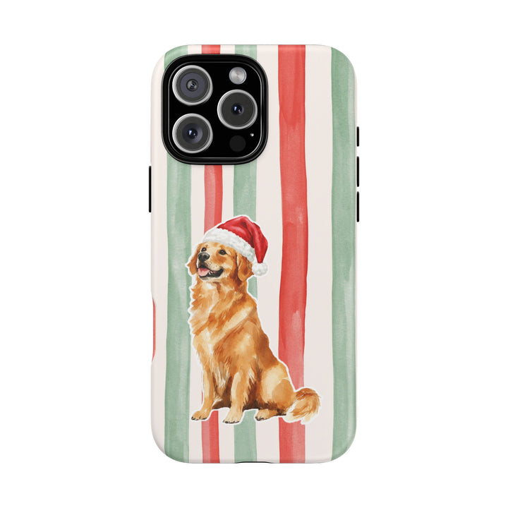 Golden Retriever Christmas Tough iPhone Case, Red Sage Stripes, Santa Dog Phone Cover