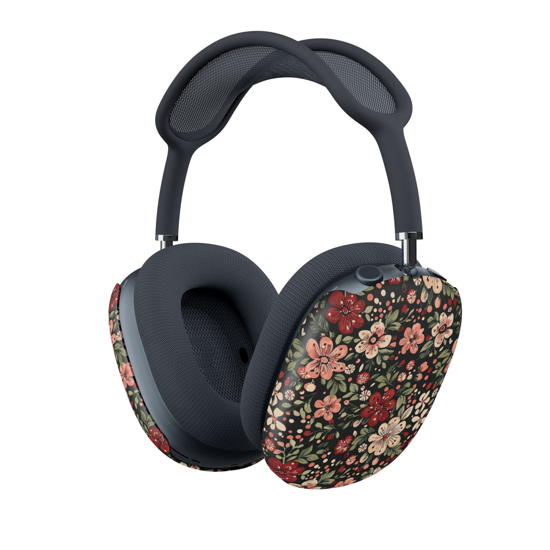 Retro Christmas Floral AirPods Max Case Covers, Dark Botanical Ear Cup Shells, Pink Red Flowers, Matte or Glossy