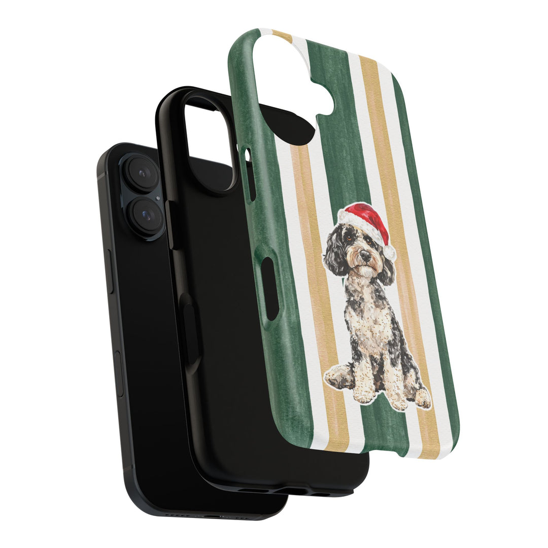 Doodle Christmas Tough iPhone Case, Green Gold Stripes, Santa Dog Phone Cover