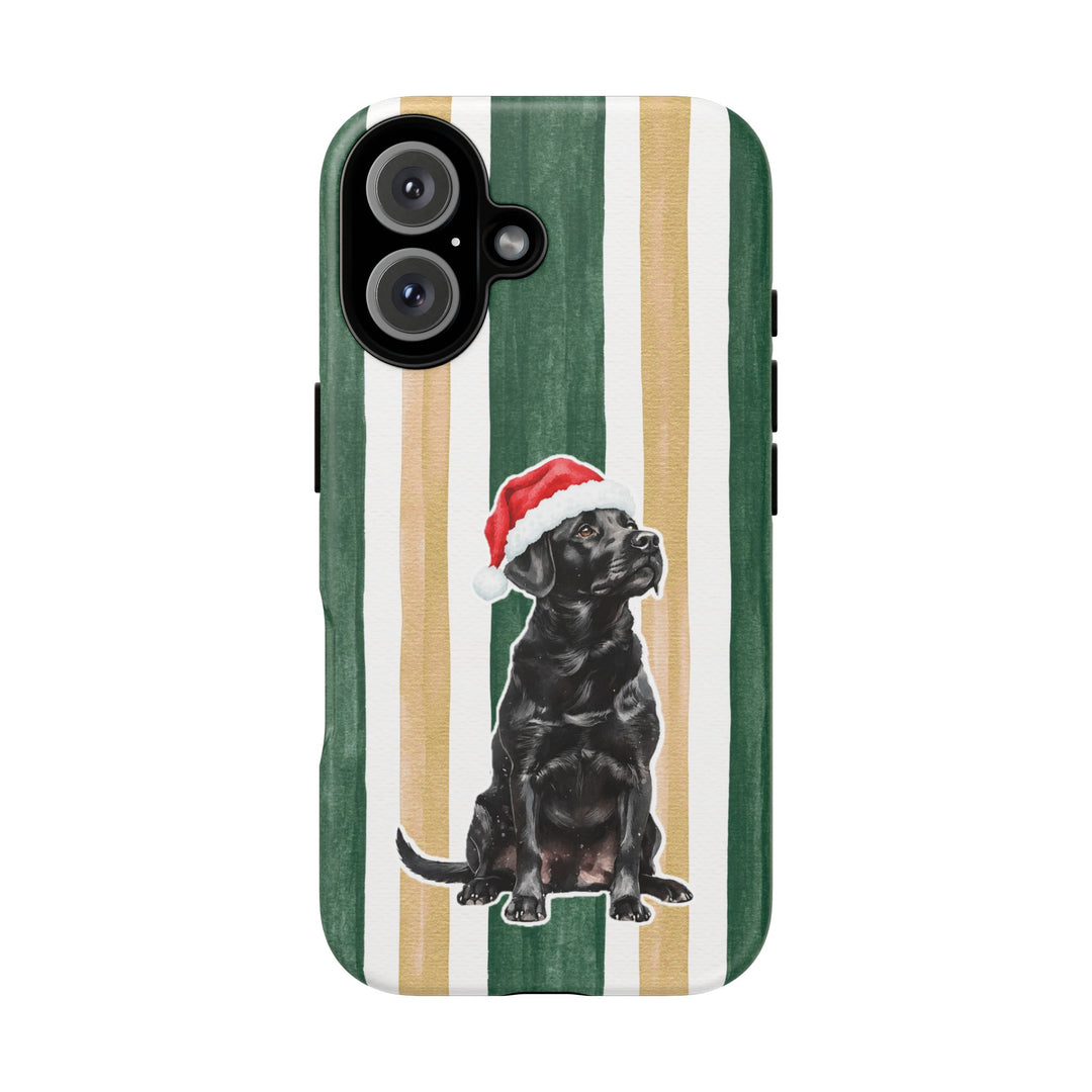 Black Labrador Christmas Tough iPhone Case, Green Gold Stripes, Santa Dog Phone Cover