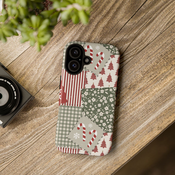 Christmas Patchwork Tough iPhone Case, Red Sage Floral Gingham Holiday Phone Cover, Matte or Glossy