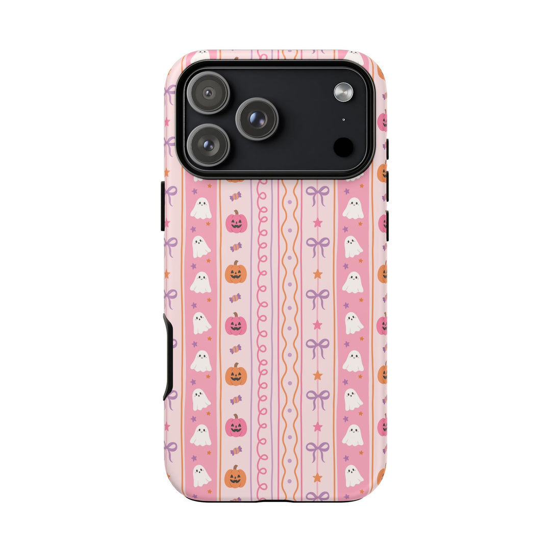 Pastel Halloween Stripe Tough iPhone Case, Pink Ghost Pumpkin Lavender Bow Phone Cover, Matte or Glossy