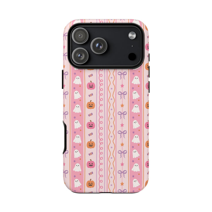 Pastel Halloween Stripe Tough iPhone Case, Pink Ghost Pumpkin Lavender Bow Phone Cover, Matte or Glossy