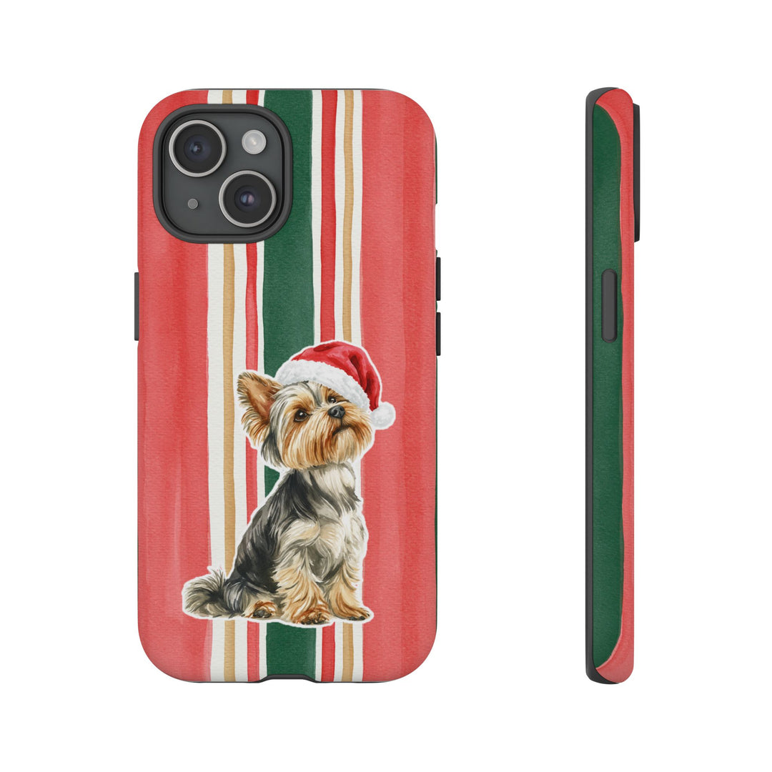 Yorkshire Terrier Christmas Tough iPhone Case, Classic Red Green Stripes, Santa Dog Phone Cover