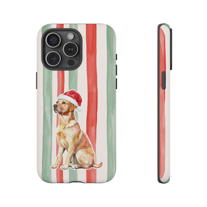 Yellow Labrador Christmas Tough iPhone Case, Red Sage Stripes, Santa Dog Phone Cover