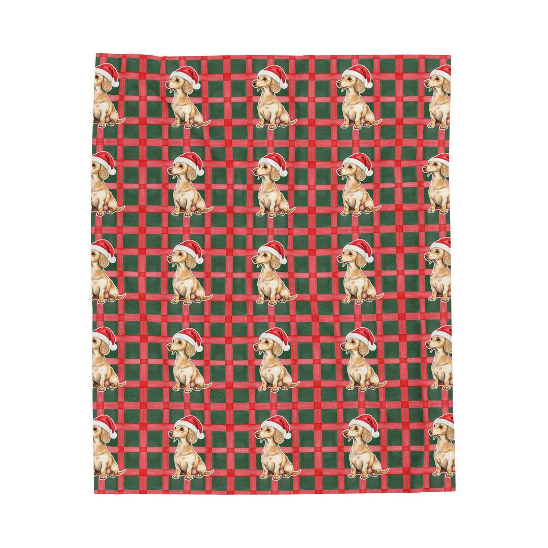Dachshund Christmas Velveteen Plush Blanket, Red Green Plaid, Santa Dog Throw