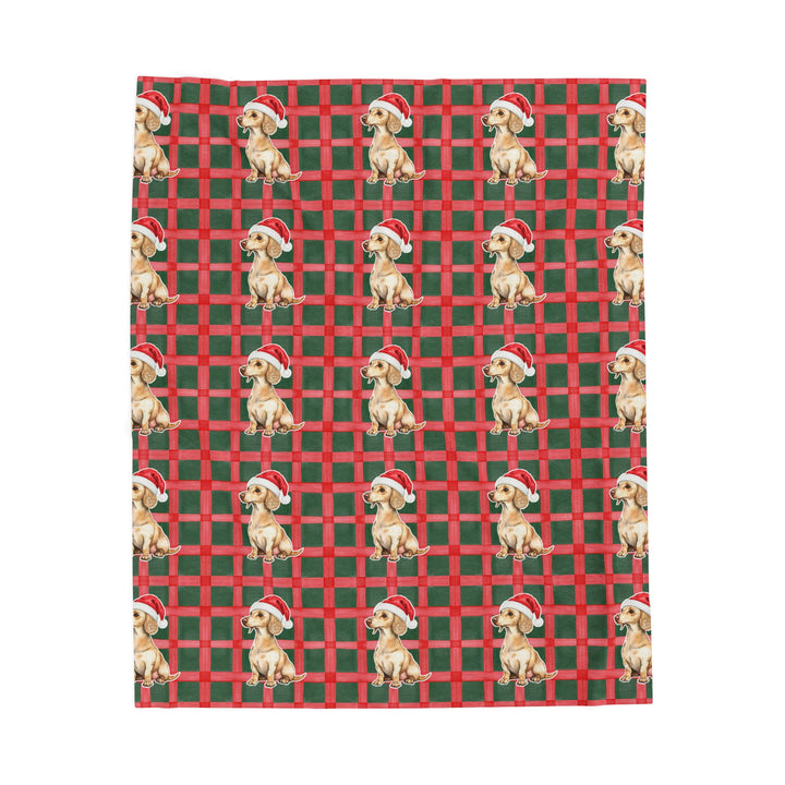 Dachshund Christmas Velveteen Plush Blanket, Red Green Plaid, Santa Dog Throw