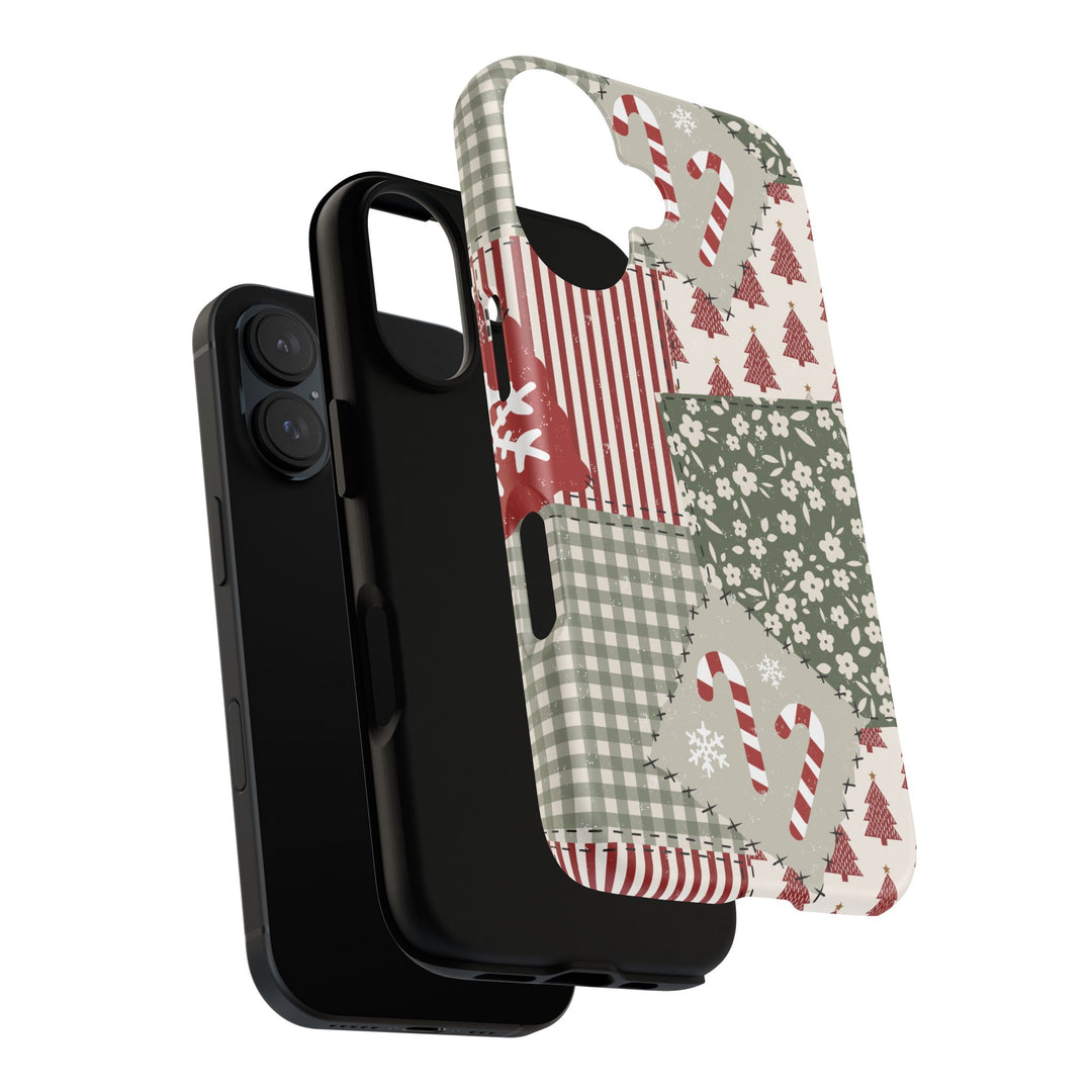 Christmas Patchwork Tough iPhone Case, Red Sage Floral Gingham Holiday Phone Cover, Matte or Glossy