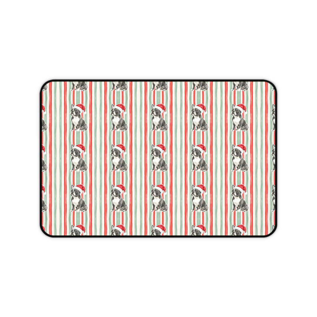 French Bulldog Christmas Desk Mat, Red Sage Stripes, Santa Dog Desk Pad