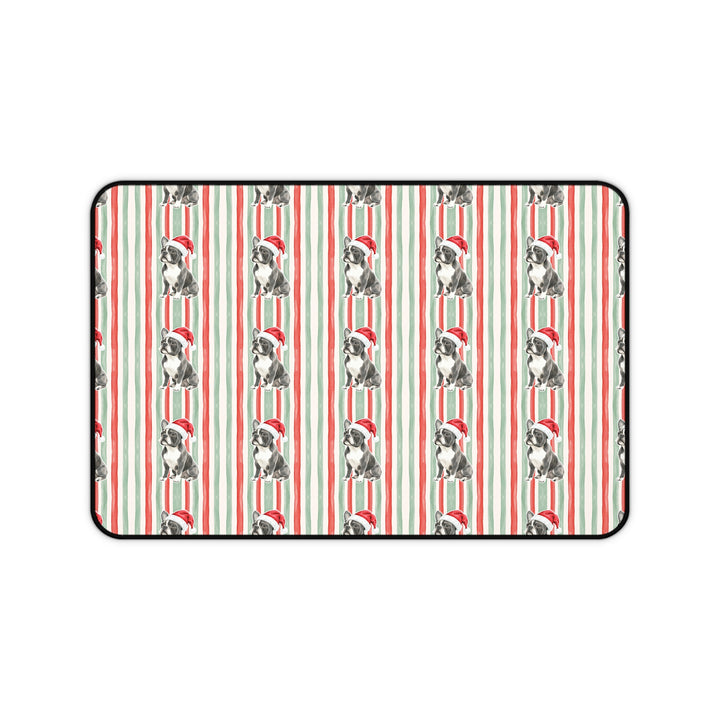 French Bulldog Christmas Desk Mat, Red Sage Stripes, Santa Dog Desk Pad