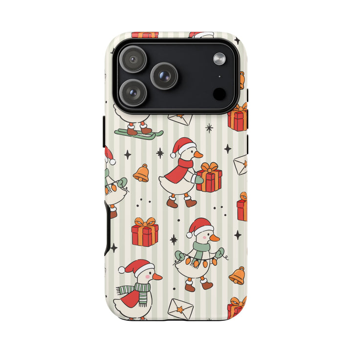Christmas Goose Tough iPhone Case, Cute Holiday Geese Green Stripe Phone Cover, Matte or Glossy