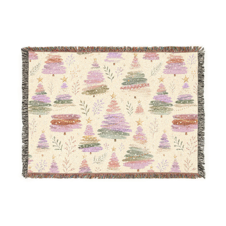 Pastel Christmas Tree Woven Blanket, Pink Lavender Sage Cotton Throw, Watercolor Holiday Sofa Decor