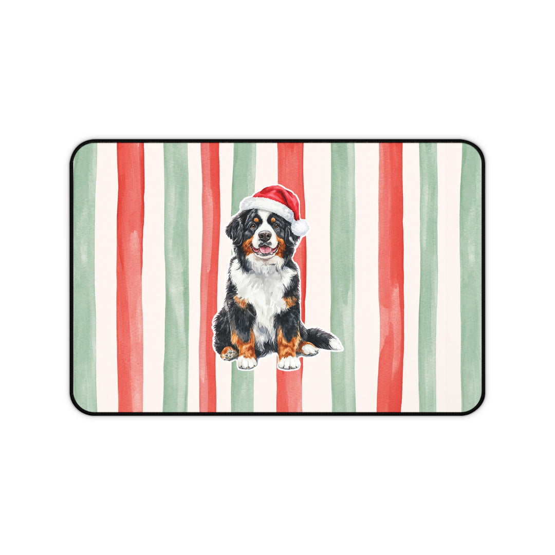 Bernese Mountain Dog Christmas Desk Mat, Centered Santa Dog, Red Sage Stripes