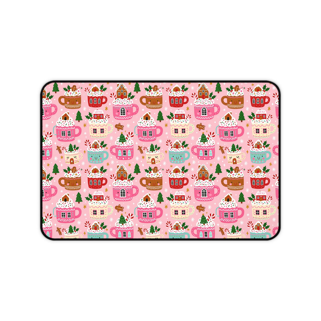 Pink Christmas Cocoa Desk Mat, Gingerbread Mug Desk Pad, Cute Holiday Large Mouse Pad
