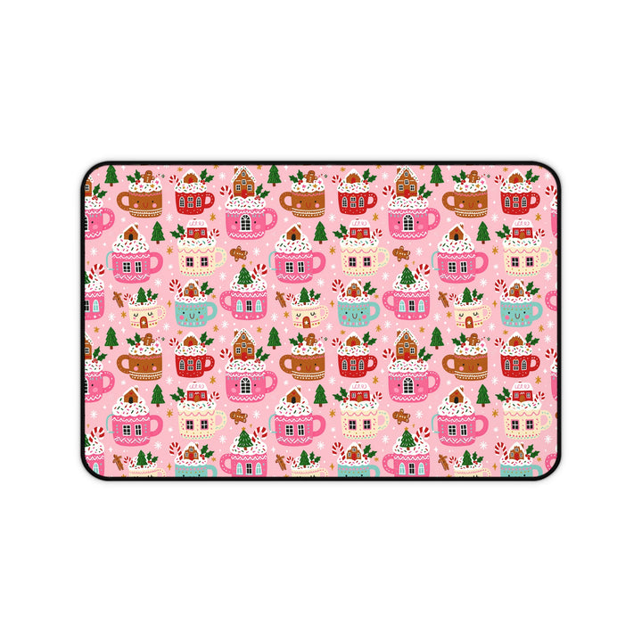 Pink Christmas Cocoa Desk Mat, Gingerbread Mug Desk Pad, Cute Holiday Large Mouse Pad