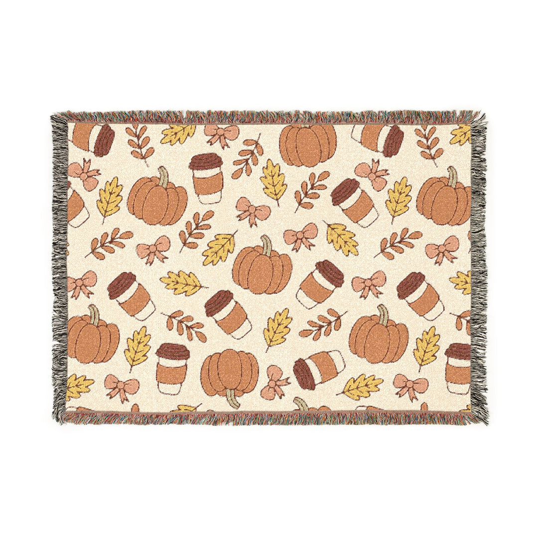 Fall Coffee Pumpkin Woven Blanket, Autumn Bow and Leaf Cotton Throw, Cozy Pumpkin Spice Sofa Decor