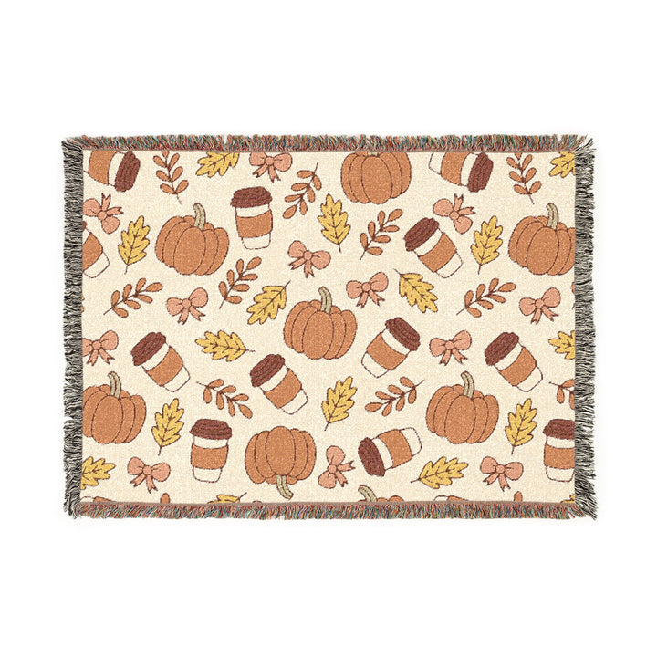 Fall Coffee Pumpkin Woven Blanket, Autumn Bow and Leaf Cotton Throw, Cozy Pumpkin Spice Sofa Decor