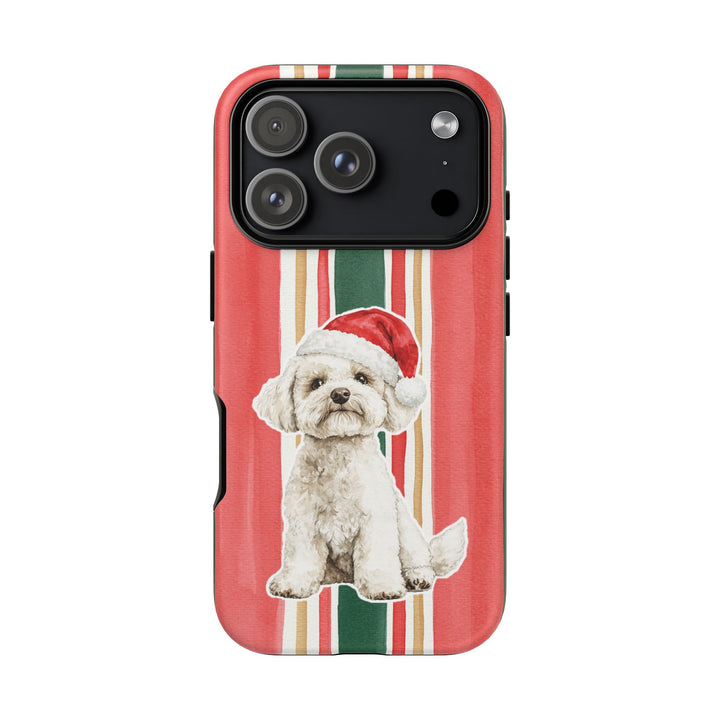 Maltese Christmas Tough iPhone Case, Classic Red Green Stripes, Santa Dog Phone Cover